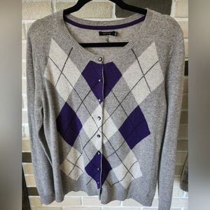 Cashmere Argyle Button Front Cardigan Sweater Academia